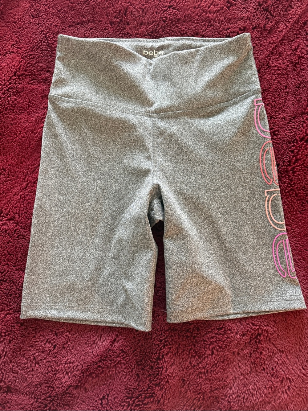 bebe Metallic Gray High-Rise Bike Shorts with Side Logo Accents